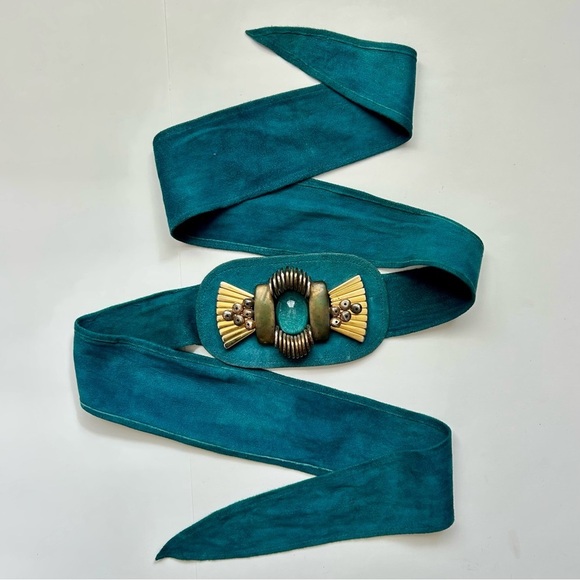 Vintage Laise Adzer Blue Suede Leather Wide Art Deco Belt Boho Chic Statement - Picture 6 of 13